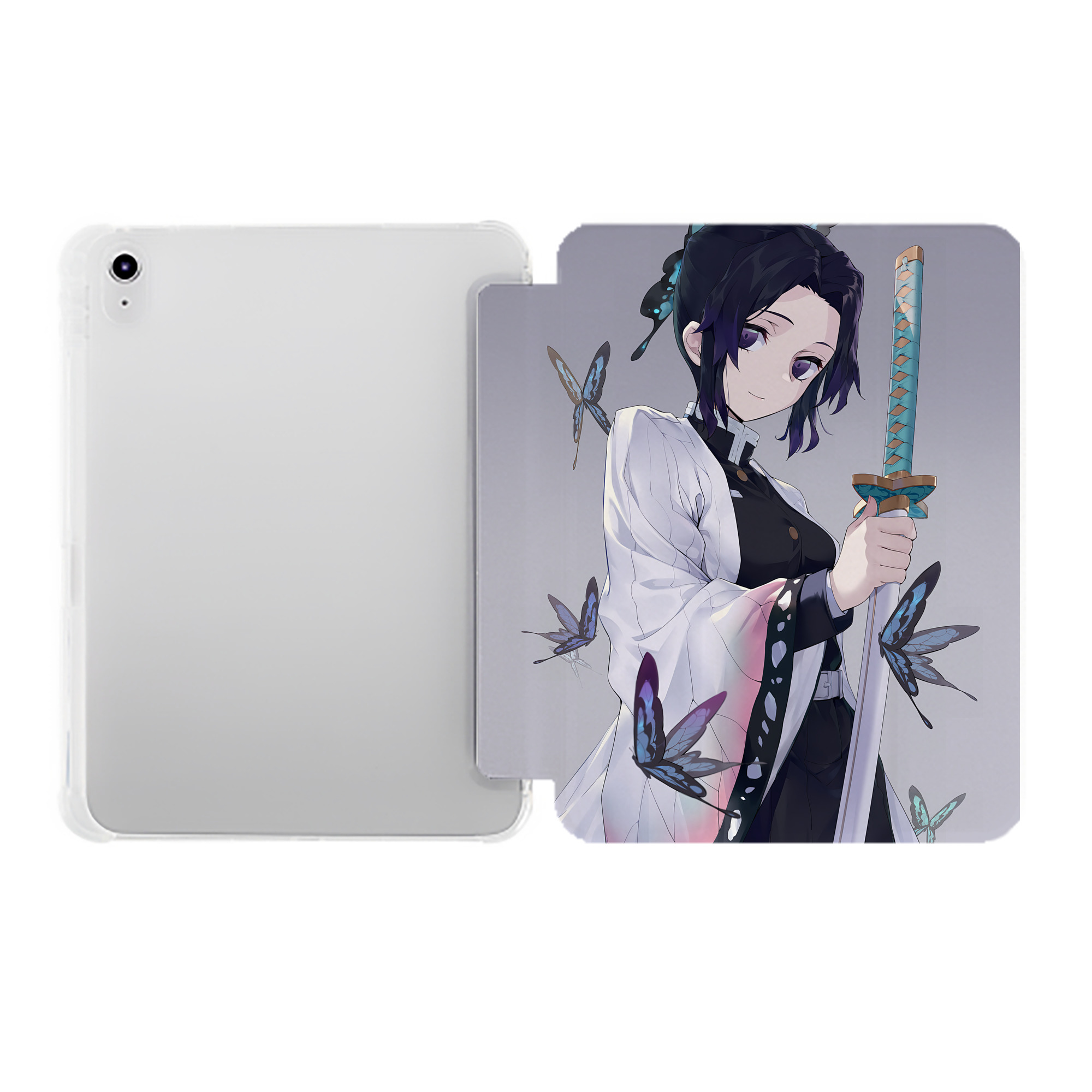 （画像用） 鬼滅の刃（きめつのやいば）蟲柱-胡蝶 しのぶ／こちょう しのぶ Kochou Shinobu IPad ケース ペン収納付き 三つ折りスタンド PUレザー×シリコン 対応機種9.5/10.5/10.9インチ